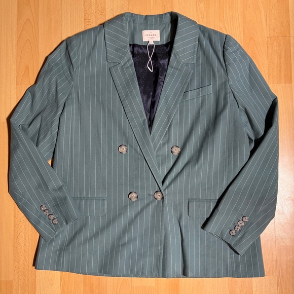 Sezane Christie Blazer Jacket Sage Green Ecru Pinstripe - Picture 6 of 12